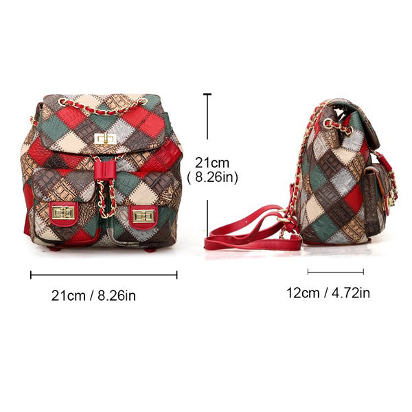 Boho Genuine Leather Patchwork Mini Backpack Bag for Women Handmade Vintage Cowhide Rucksack Bag Classy