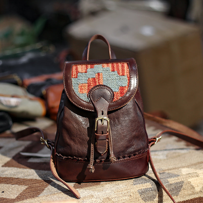 bohemian leather backpacks Boho Leather Backpack Ladies Small Leather Rucksack Decorated With Wool Blanket Pattern