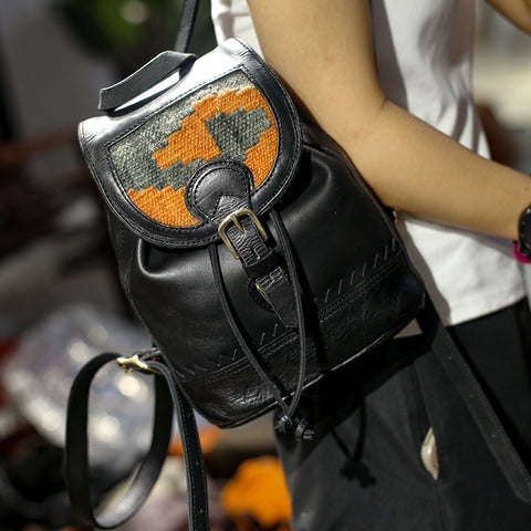 bowl backpack purse handmade leather Handcrafted Small Leather Backpack with Embroidered Flap