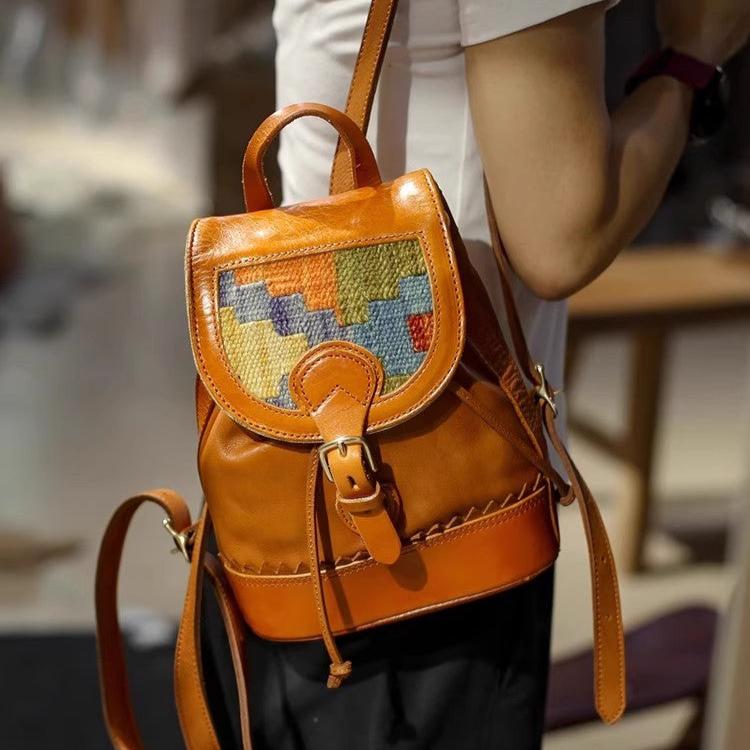 brown leather boho backpack Womens Small Leather Backpack Purse For Women Ladies Brown Leather Rucksack  With Wool Blanket Pattern