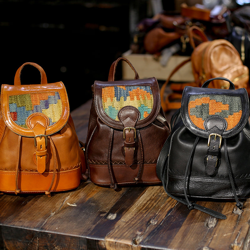 boho backpacks leather Boho Leather Backpack Ladies Small Leather Rucksack Decorated With Wool Blanket Pattern