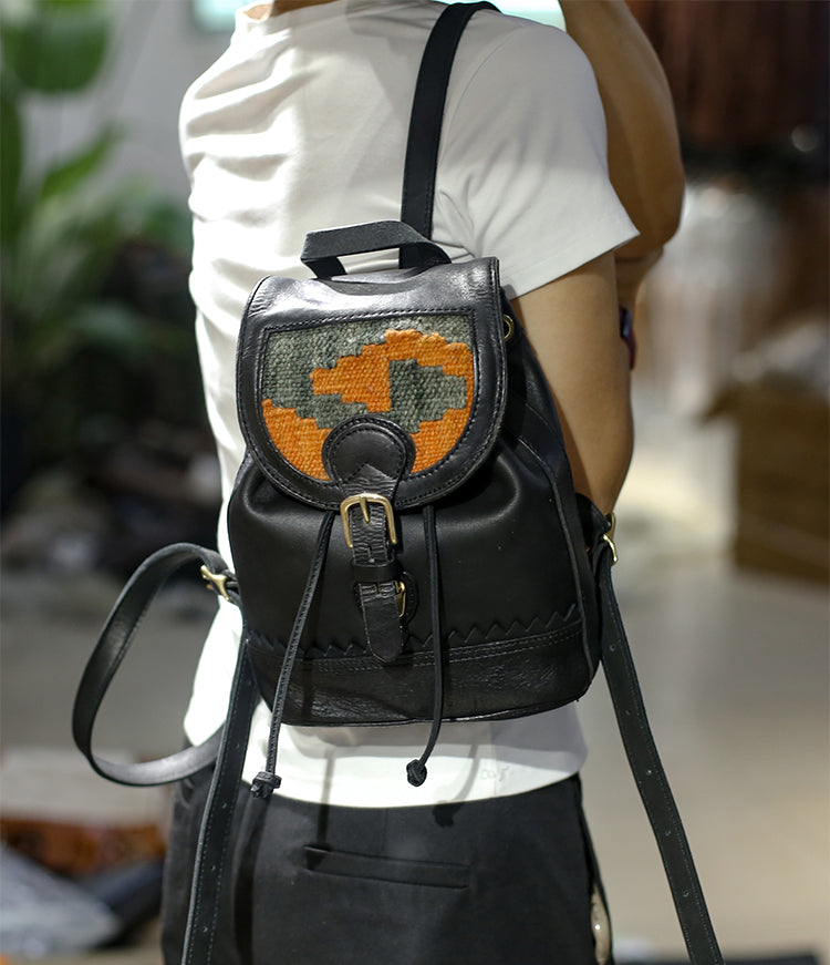 boho mini backpack Boho Leather Backpack Ladies Small Leather Rucksack Decorated With Woo – igemstonejewelry