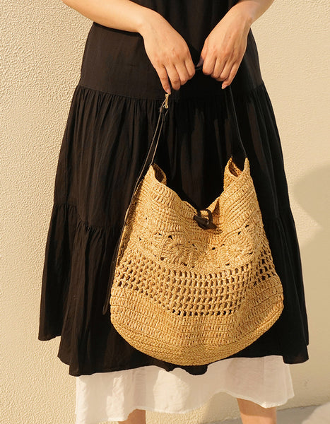 Boho Straw Woven Tote Bag for Women Vacation Shoulder Bag with Leather Strap Aesthetic