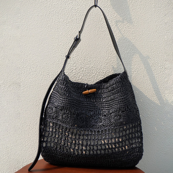 Boho Straw Woven Tote Bag for Women Vacation Shoulder Bag with Leather Strap Beautiful