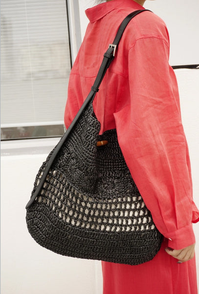 Boho Straw Woven Tote Bag for Women Vacation Shoulder Bag with Leather Strap Black
