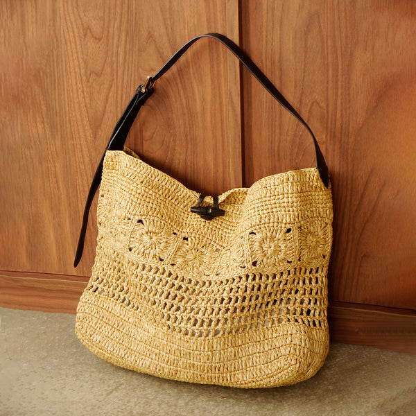 Boho Straw Woven Tote Bag for Women Vacation Shoulder Bag with Leather Strap Brown