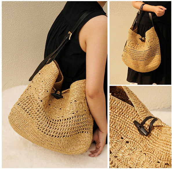 Boho Straw Woven Tote Bag for Women Vacation Shoulder Bag with Leather Strap Details
