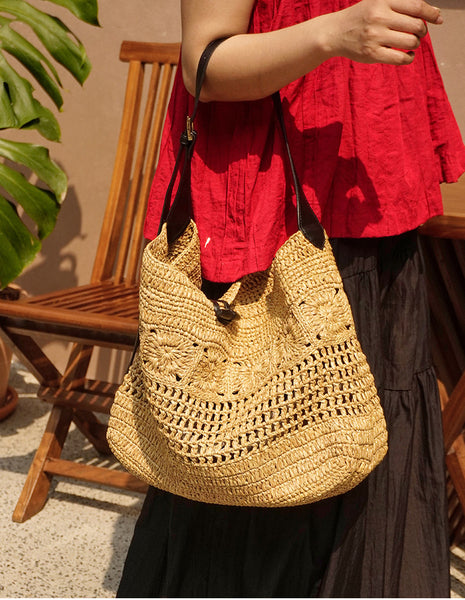 Boho Straw Woven Tote Bag for Women Vacation Shoulder Bag with Leather Strap Funky