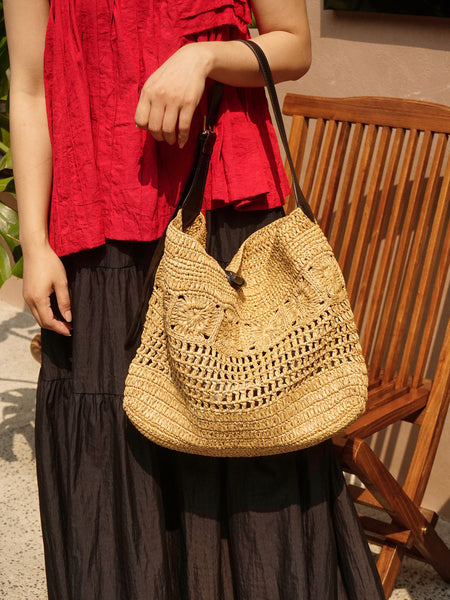 Boho Straw Woven Tote Bag for Women Vacation Shoulder Bag with Leather Strap Gift-idea