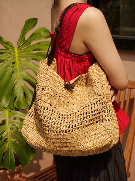 Boho Straw Woven Tote Bag for Women Vacation Shoulder Bag with Leather Strap Gift