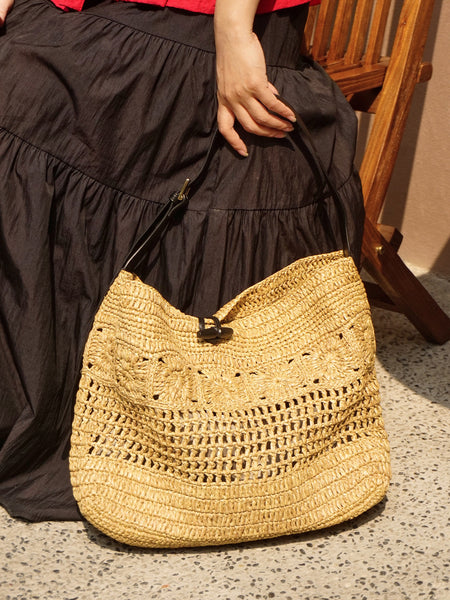 Boho Straw Woven Tote Bag for Women Vacation Shoulder Bag with Leather Strap Girlfriend