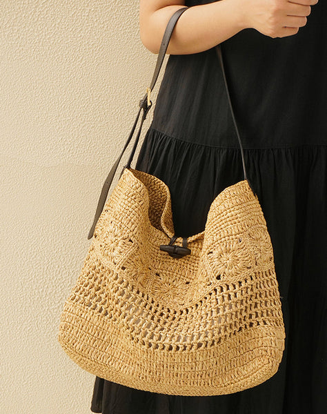 Boho Straw Woven Tote Bag for Women Vacation Shoulder Bag with Leather Strap Gorgeous