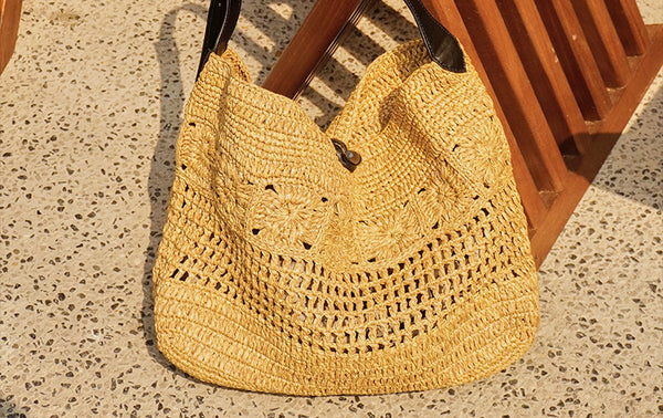 Boho Straw Woven Tote Bag for Women Vacation Shoulder Bag with Leather Strap Nice