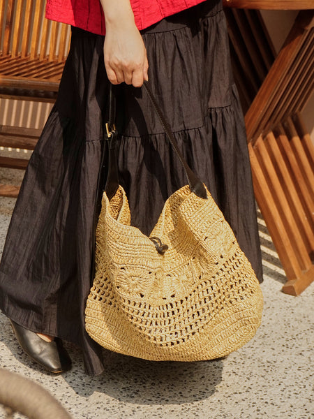 Boho Straw Woven Tote Bag for Women Vacation Shoulder Bag with Leather Strap Quality
