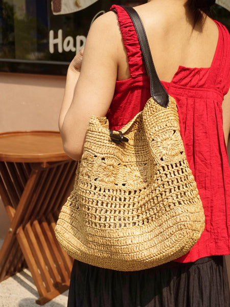 Boho Straw Woven Tote Bag for Women Vacation Shoulder Bag with Leather Strap Stylish