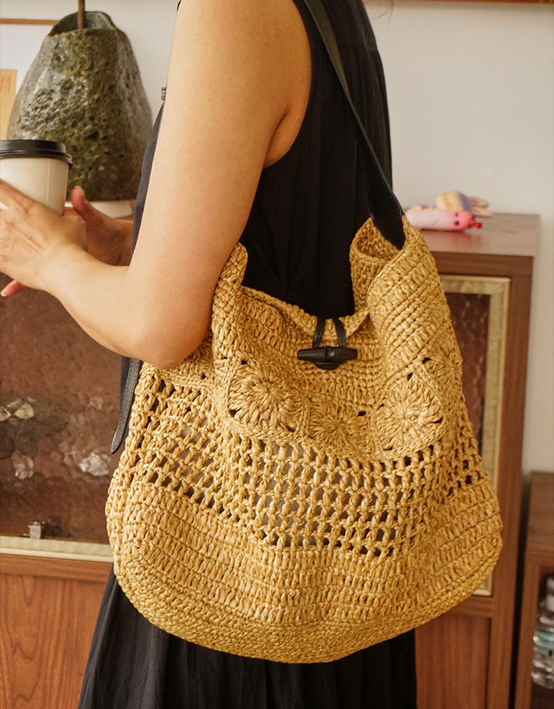 Boho Straw Woven Tote Bag for Women Vacation Shoulder Bag with Leather Strap Trendy