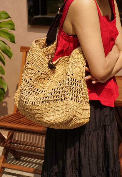 Boho Straw Woven Tote Bag for Women Vacation Shoulder Bag with Leather Strap Vintage