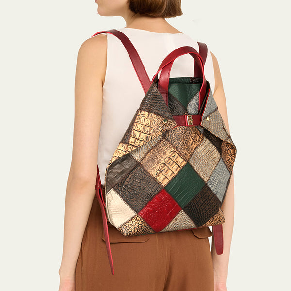 Womens Boho Patchwork Genuine Leather Backpack Bag Handmade Top-Handle Handbag
