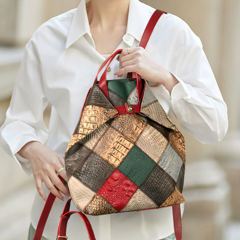 boho leather backpack Womens Boho Patchwork Genuine Leather Backpack Bag Handmade Top-Handle Handbag