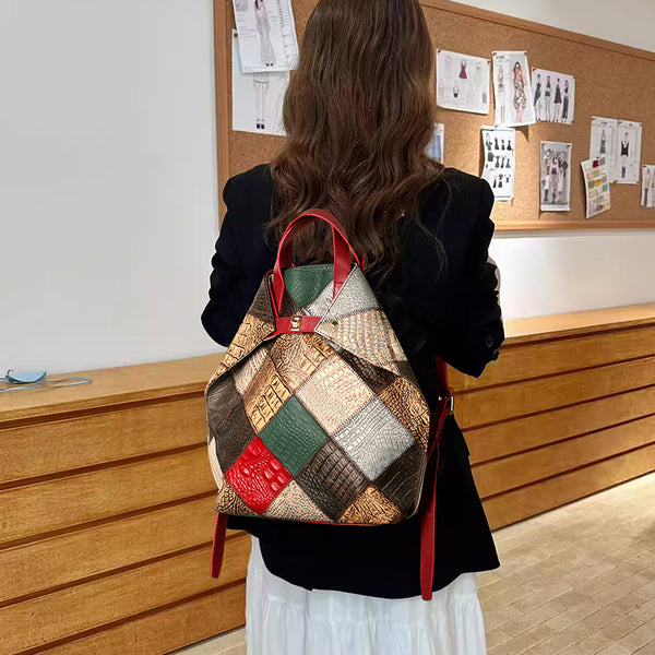 Womens Boho Patchwork Genuine Leather Backpack Bag Handmade Top-Handle Convertible Bag Beautiful