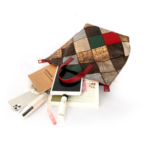 Womens Boho Patchwork Genuine Leather Backpack Bag Handmade Top-Handle Convertible Bag Capacity