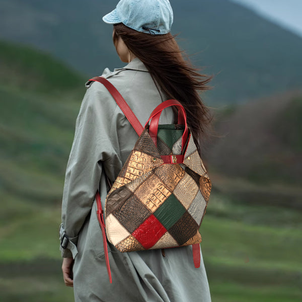 Womens Boho Patchwork Genuine Leather Backpack Bag Handmade Top-Handle Convertible Bag Casual