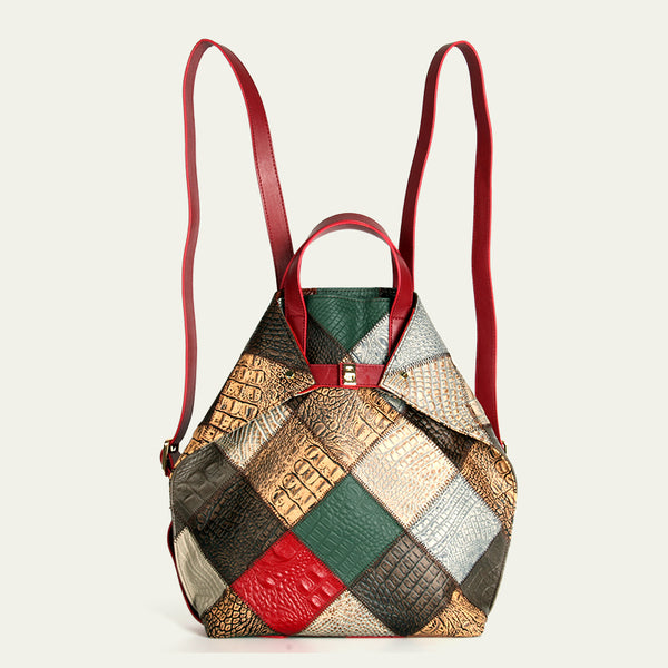 Womens Boho Patchwork Genuine Leather Backpack Bag Handmade Top-Handle Convertible Bag Chic