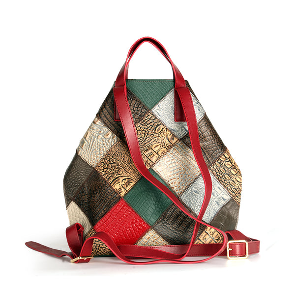 Womens Boho Patchwork Genuine Leather Backpack Bag Handmade Top-Handle Convertible Bag Classic