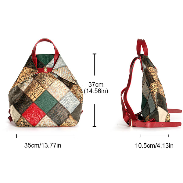 Womens Boho Patchwork Genuine Leather Backpack Bag Handmade Top-Handle Convertible Bag Cool