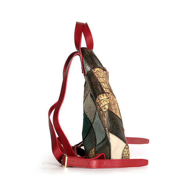 Womens Boho Patchwork Genuine Leather Backpack Bag Handmade Top-Handle Convertible Bag Cowhide