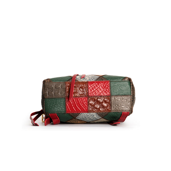 Womens Boho Patchwork Genuine Leather Backpack Bag Handmade Top-Handle Convertible Bag Cute