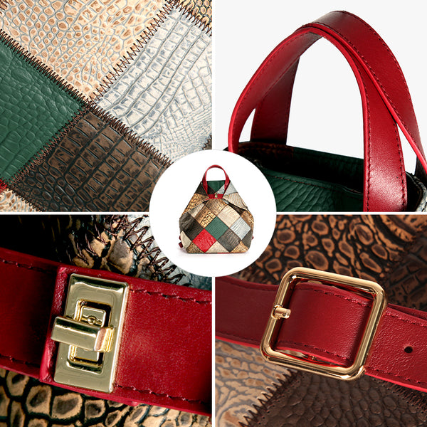 Womens Boho Patchwork Genuine Leather Backpack Bag Handmade Top-Handle Convertible Bag Details