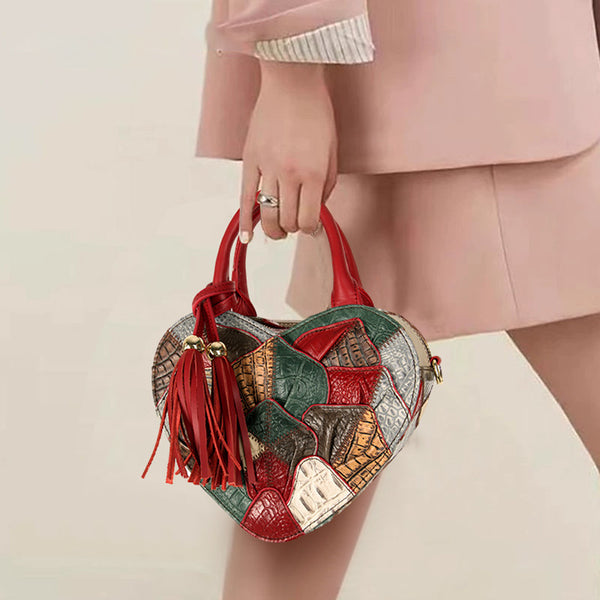 Boho Patchwork Heart Shaped Crossbody Bag for Women Colorful Leather Shoulder Handbag Affordable