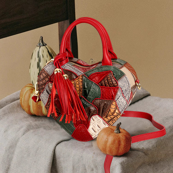 Boho Patchwork Heart Shaped Crossbody Bag for Women Colorful Leather Shoulder Handbag Casual