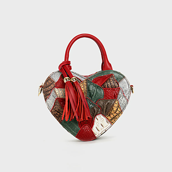 Boho Patchwork Heart Shaped Crossbody Bag for Women Colorful Leather Shoulder Handbag Chic