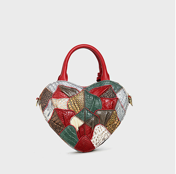 Boho Patchwork Heart Shaped Crossbody Bag for Women Colorful Leather Shoulder Handbag Classy
