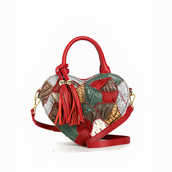 Boho Patchwork Heart Shaped Crossbody Bag for Women Colorful Leather Shoulder Handbag Cool