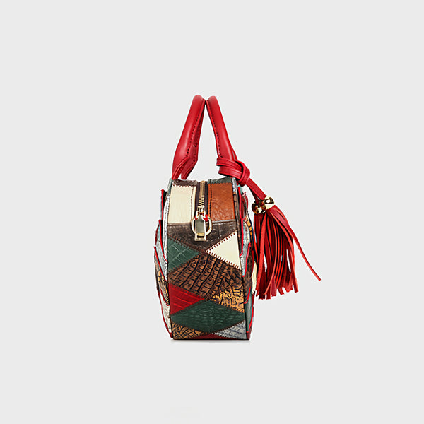 Boho Patchwork Heart Shaped Crossbody Bag for Women Colorful Leather Shoulder Handbag Cowhide