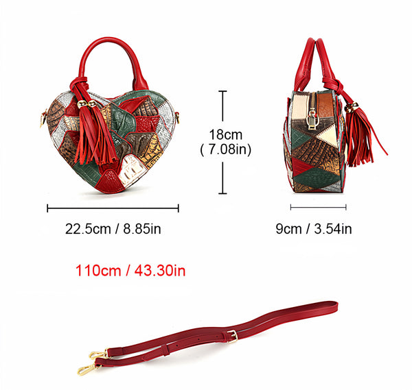 Boho Patchwork Heart Shaped Crossbody Bag for Women Colorful Leather Shoulder Handbag Cute