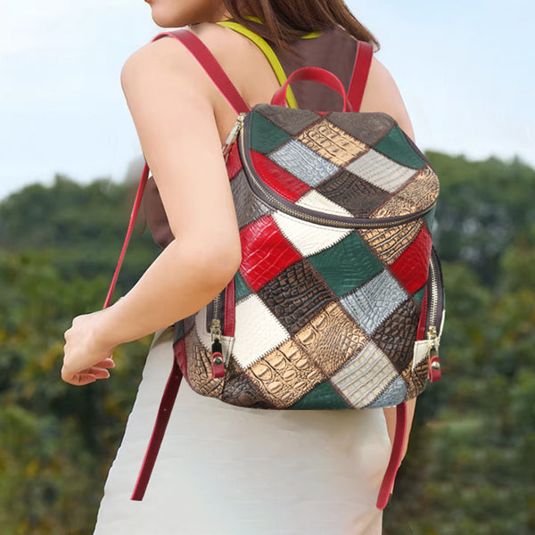 Boho Patchwork Leather Backpack for Women Small Genuine Leather Backpack Affordable