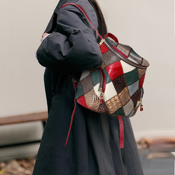 Boho Patchwork Leather Backpack for Women Small Genuine Leather Backpack Casual