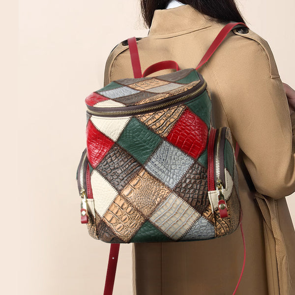Boho Patchwork Leather Backpack for Women Small Genuine Leather Backpack Chic