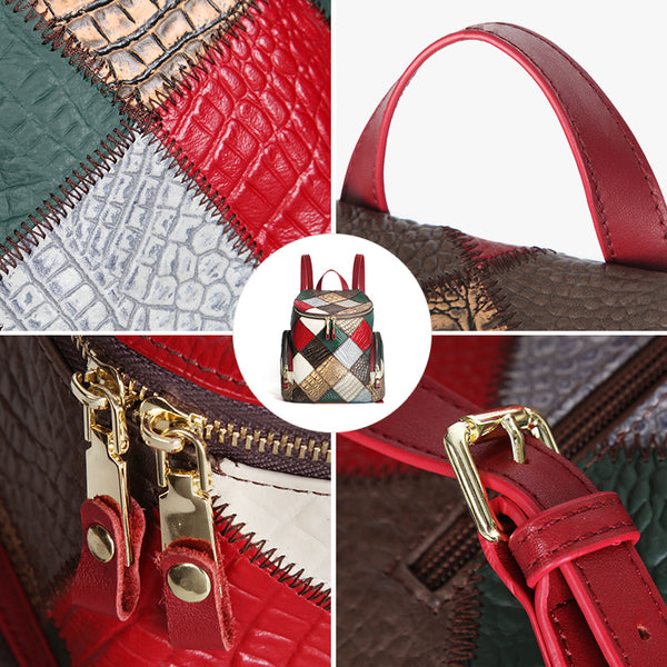 Boho Patchwork Leather Backpack for Women Small Genuine Leather Backpack Details