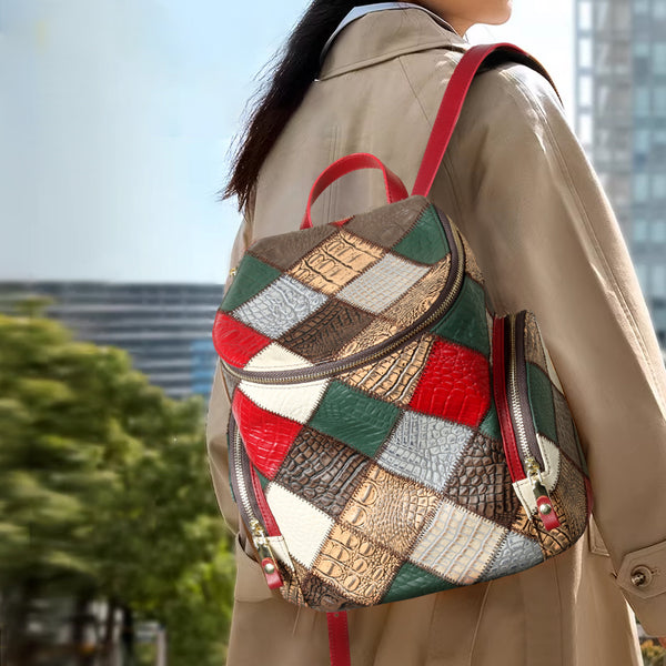 Boho Patchwork Leather Backpack for Women Small Genuine Leather Backpack