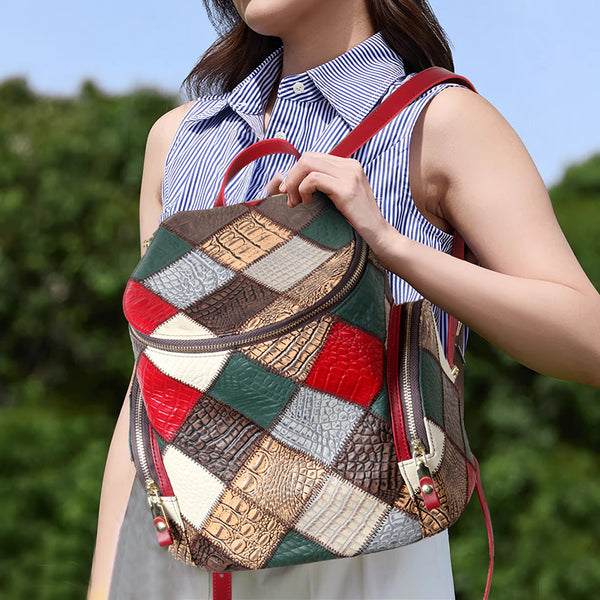 Boho Patchwork Leather Backpack for Women Small Genuine Leather Backpack Fashionable