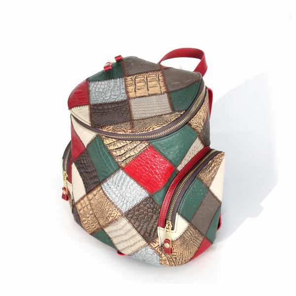 Boho Patchwork Leather Backpack for Women Small Genuine Leather Backpack Genuine Leather