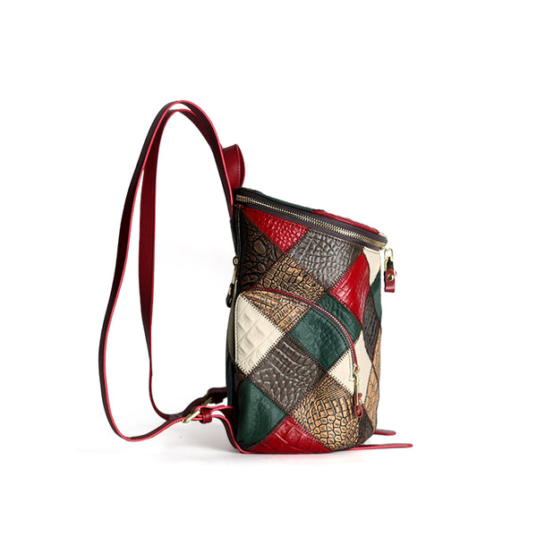 Boho Patchwork Leather Backpack for Women Small Genuine Leather Backpack Gift