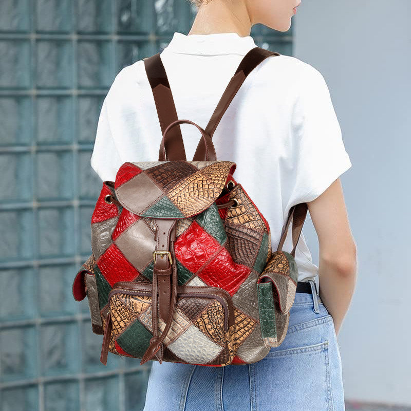 Womens Boho Patchwork Leather Backpack Bag Vintage Color Block Genuine Leather Backpack