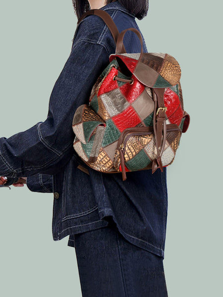 Boho Patchwork Leather Backpack for Women Multicolor Genuine