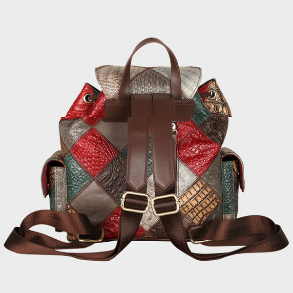 Womens Boho Patchwork Leather Backpack Bag Vintage Color Block Genuine Leather Backpack